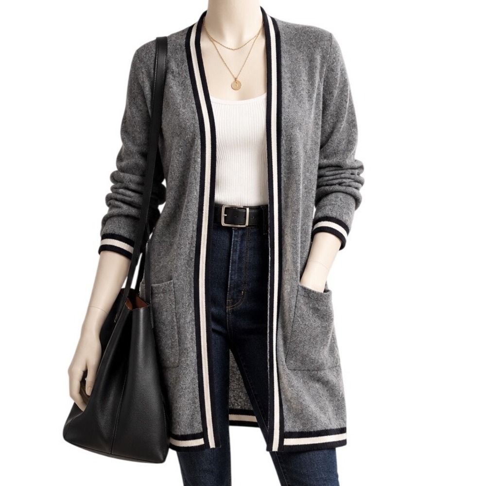 BRODIE 100% Cashmere Varsity Stripe Longline Cardigan Gray Women's | Sz M